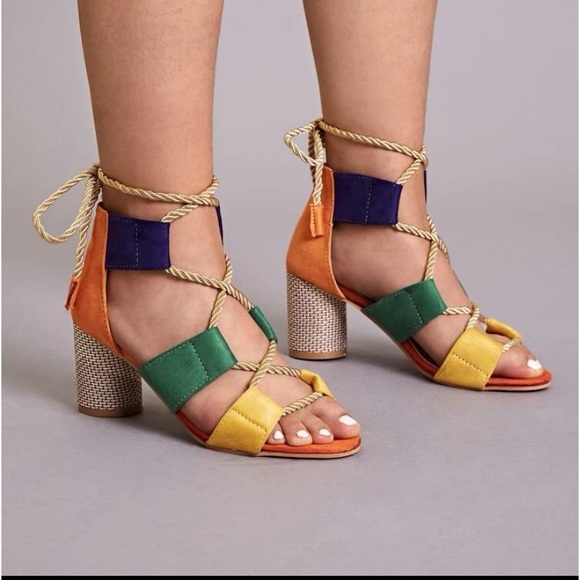 Colorblock lace up strappy wrap sandal heel - Picture 2 of 6